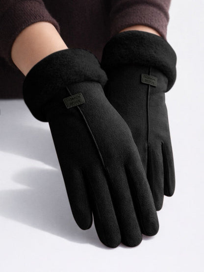 Winterhandschoenen voor dames in suède look met fleecevoering en teddymanchet - zwart