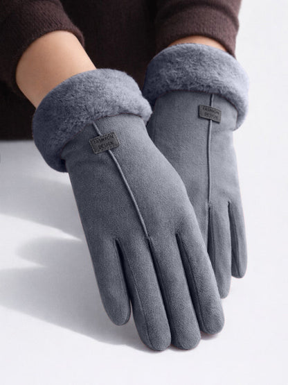 Winterhandschoenen voor dames in suède look met fleecevoering en teddymanchet - grijs