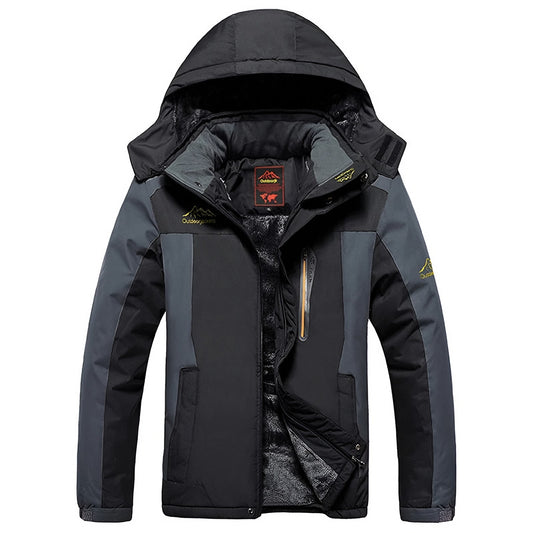 Winterjas met capuchon en fleecevoering - zwart met grijze vlakken, voorkant