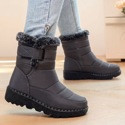 Gewatteerde winterlaarsjes voor dames met bontrand en klittenband - grijs