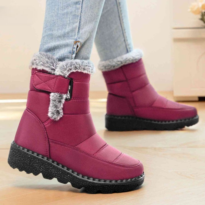Gewatteerde winterlaarsjes voor dames met bontrand en klittenband - framboos