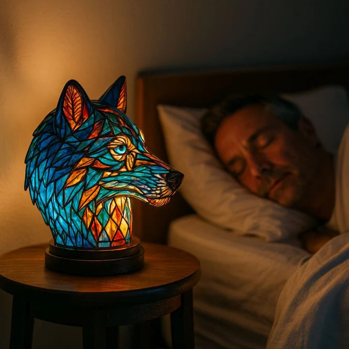 Wolvenlamp in glas-in-loodlook: wolvenkop in blauw en oranje met lichtblauwe ogen op een ronde voet