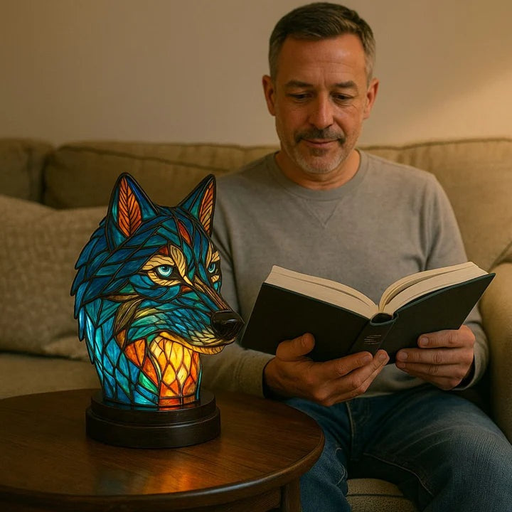 Wolvenlamp in glas-in-loodlook: wolvenkop in blauw en oranje met lichtblauwe ogen op een ronde voet