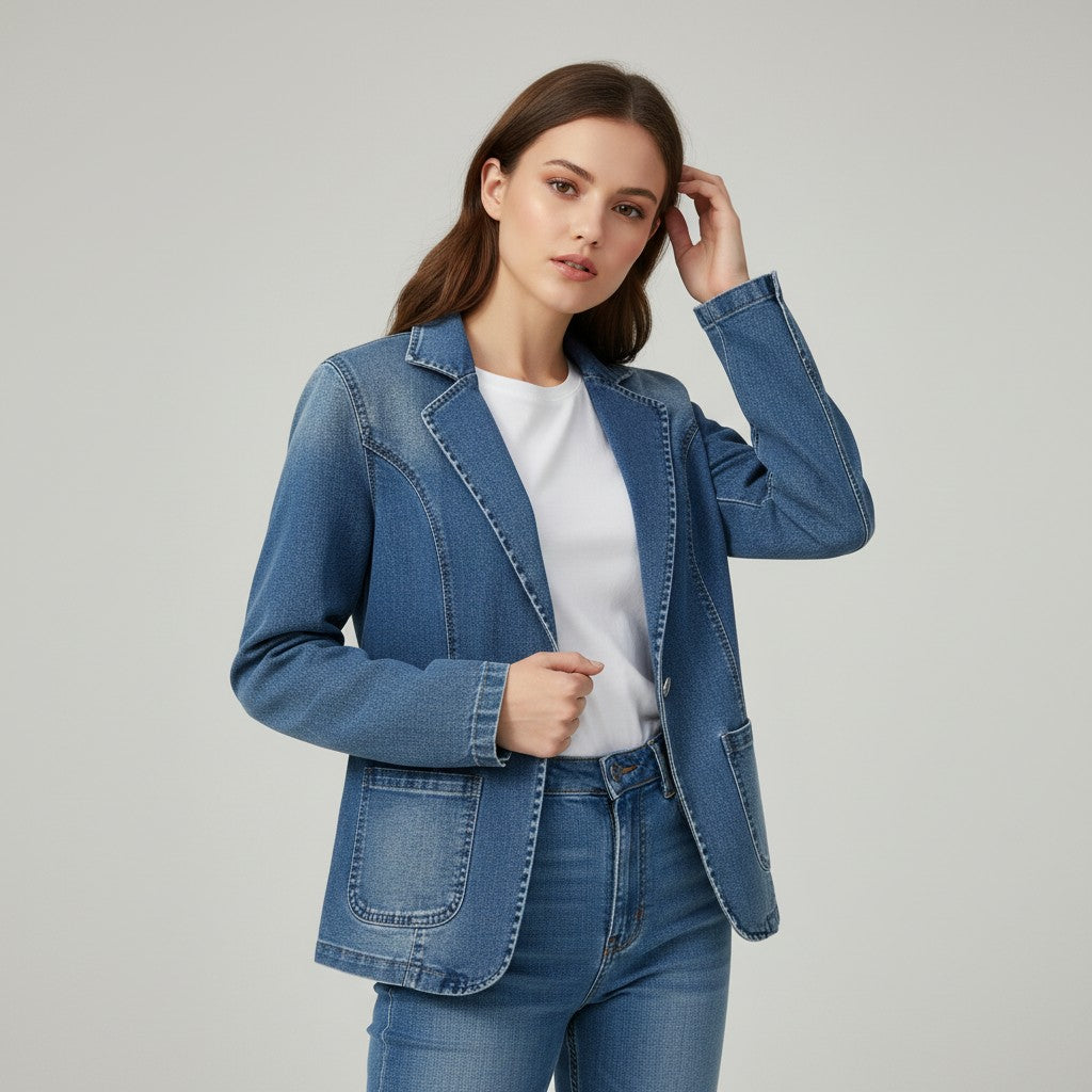 Middenblauwe denim damesblazer met revers en contraststiksel - middenblauwe wassing