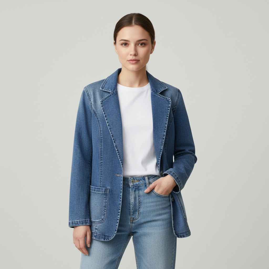 Middenblauwe denim damesblazer met revers en contraststiksel