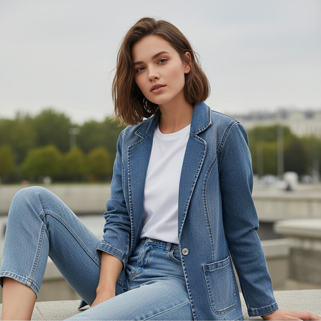 Middenblauwe denim damesblazer met revers en contraststiksel