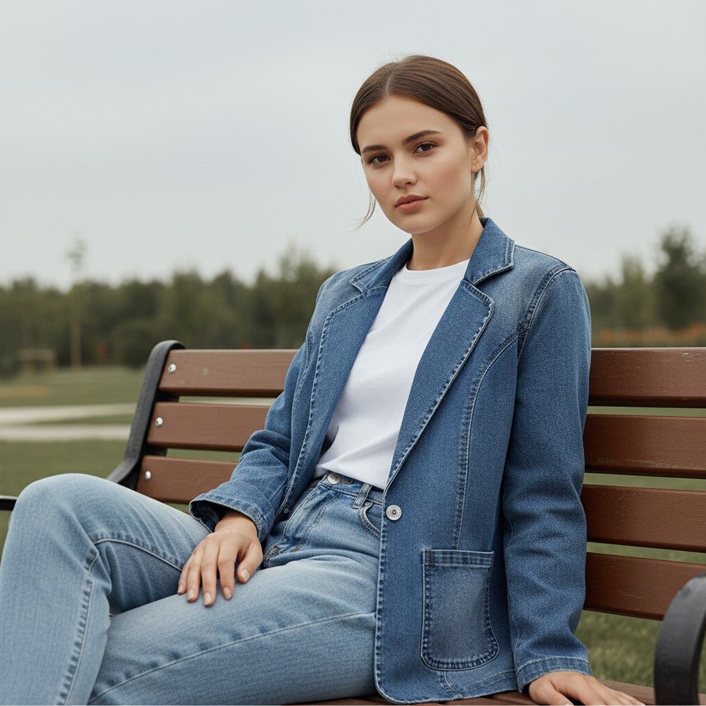 Middenblauwe denim damesblazer met revers en contraststiksel