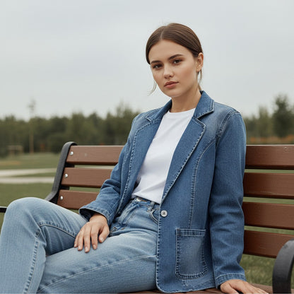 Middenblauwe denim damesblazer met revers en contraststiksel