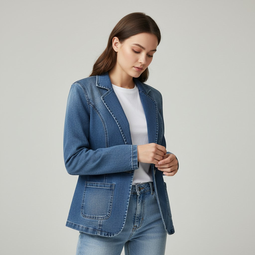 Middenblauwe denim damesblazer met revers en contraststiksel