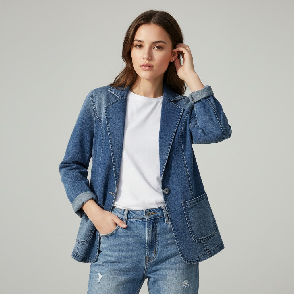 Middenblauwe denim damesblazer met revers en contraststiksel