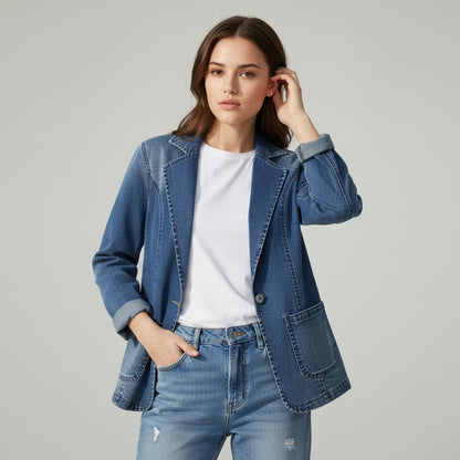 Middenblauwe denim damesblazer met revers en contraststiksel