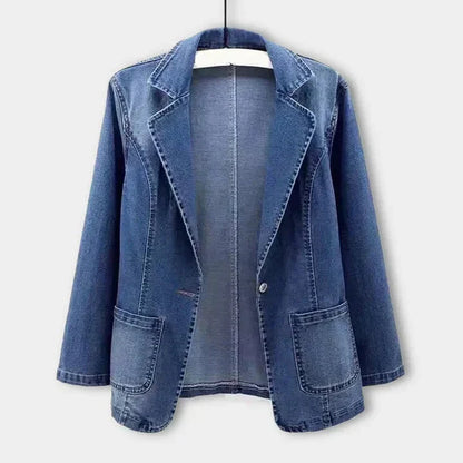 Middenblauwe denim damesblazer met revers en contraststiksel