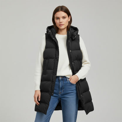 Lange mouwloze damesbodywarmer met gewatteerde capuchon en rits - zwart