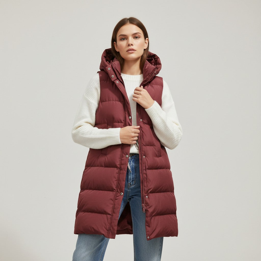 Lange mouwloze damesbodywarmer met gewatteerde capuchon en rits