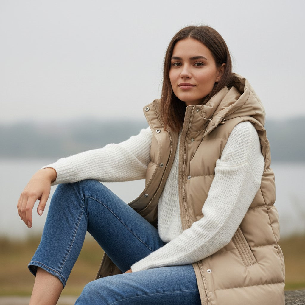 Lange mouwloze damesbodywarmer met gewatteerde capuchon en rits