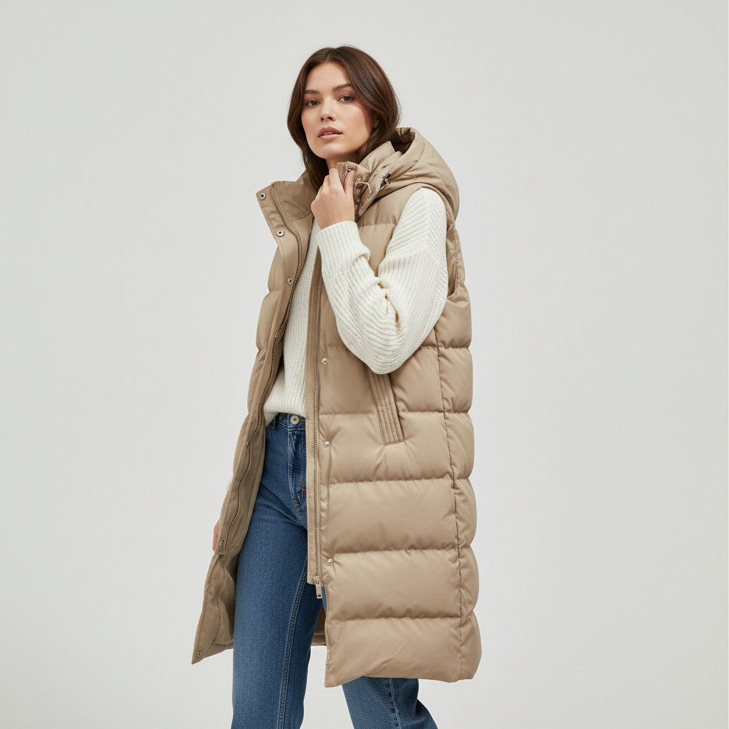 Lange mouwloze damesbodywarmer met gewatteerde capuchon en rits - kaki