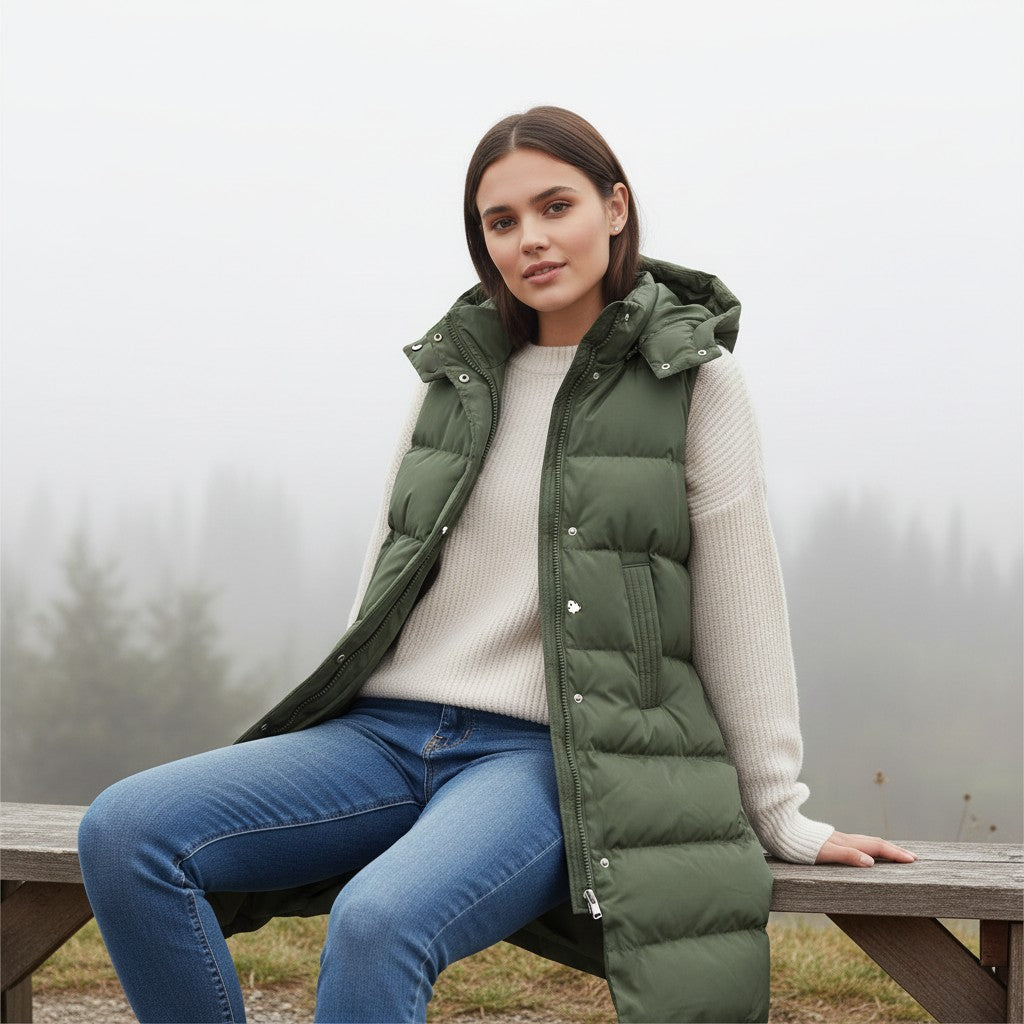 Lange mouwloze damesbodywarmer met gewatteerde capuchon en rits