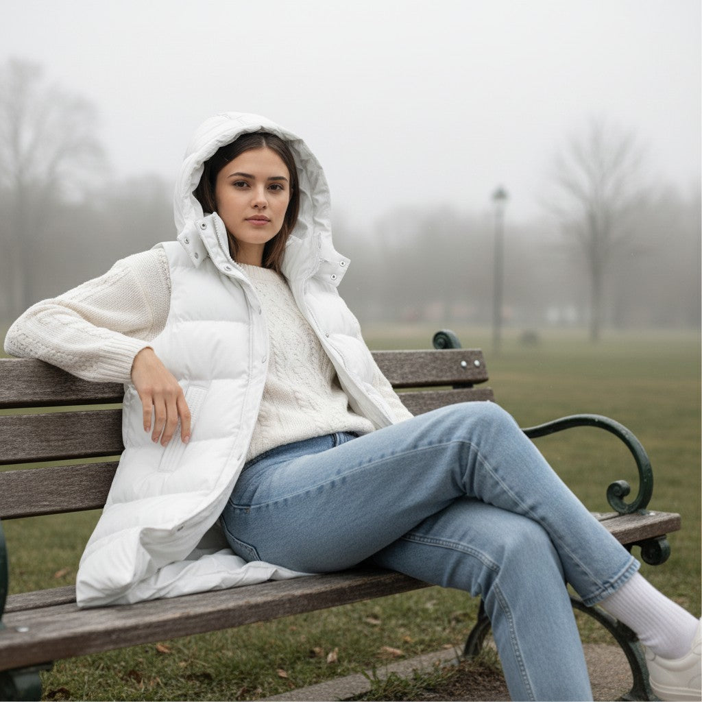 Lange mouwloze damesbodywarmer met gewatteerde capuchon en rits