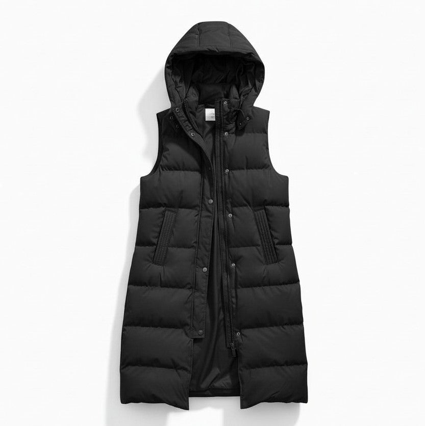 Lange mouwloze damesbodywarmer met gewatteerde capuchon en rits