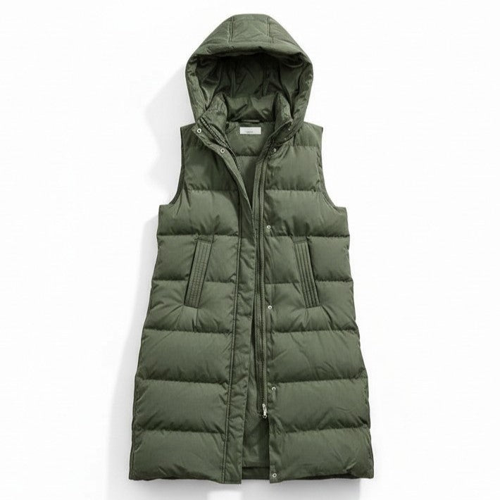 Lange mouwloze damesbodywarmer met gewatteerde capuchon en rits
