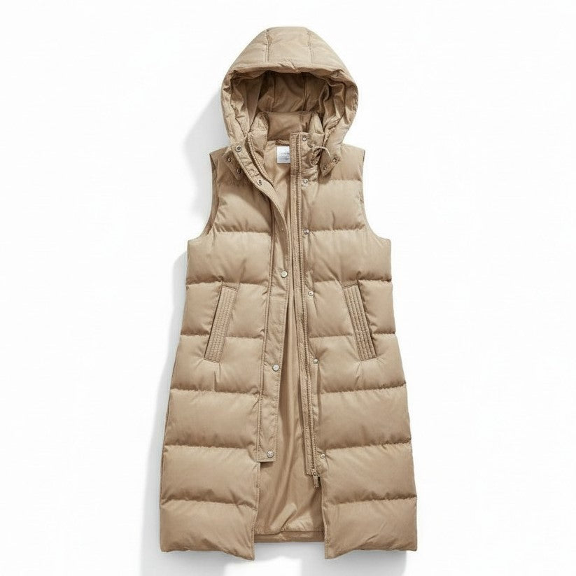 Lange mouwloze damesbodywarmer met gewatteerde capuchon en rits