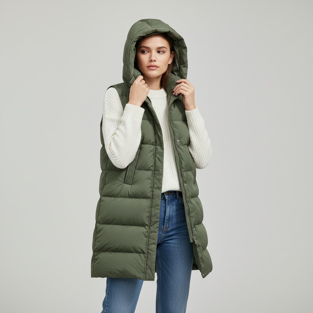 Lange mouwloze damesbodywarmer met gewatteerde capuchon en rits