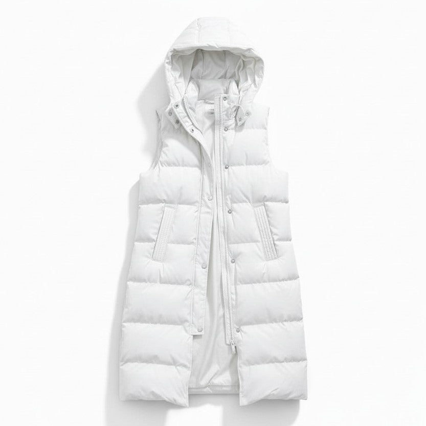 Lange mouwloze damesbodywarmer met gewatteerde capuchon en rits