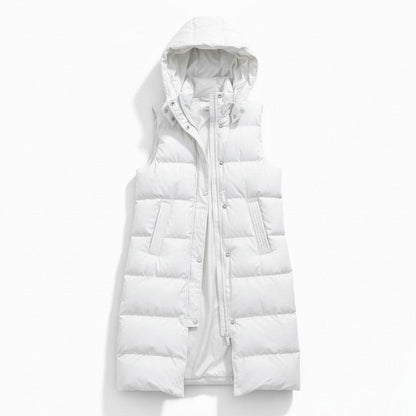 Lange mouwloze damesbodywarmer met gewatteerde capuchon en rits