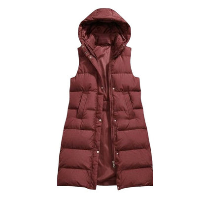 Lange mouwloze damesbodywarmer met gewatteerde capuchon en rits
