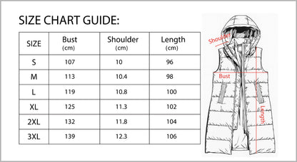Lange mouwloze damesbodywarmer met gewatteerde capuchon en rits