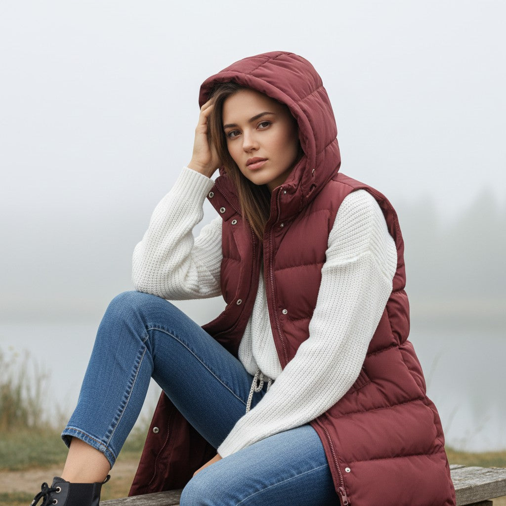 Lange mouwloze damesbodywarmer met gewatteerde capuchon en rits