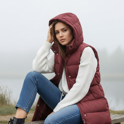 Lange mouwloze damesbodywarmer met gewatteerde capuchon en rits