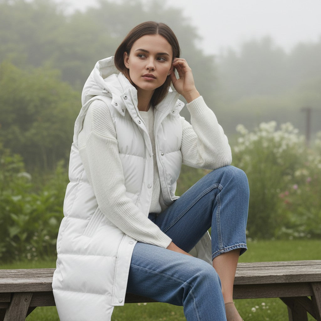 Lange mouwloze damesbodywarmer met gewatteerde capuchon en rits