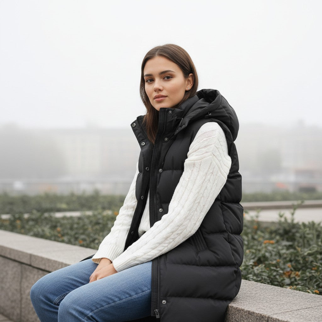 Lange mouwloze damesbodywarmer met gewatteerde capuchon en rits