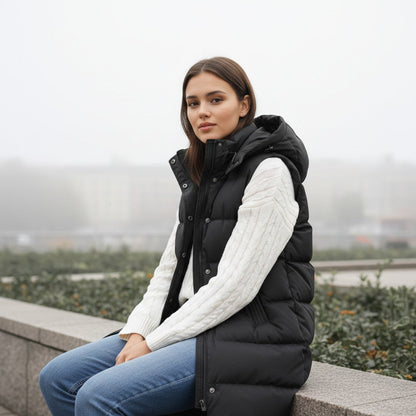 Lange mouwloze damesbodywarmer met gewatteerde capuchon en rits