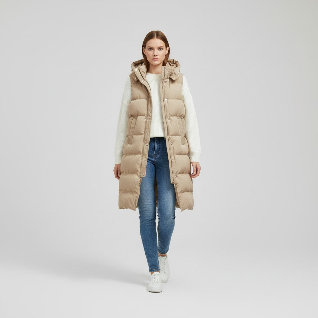 Lange mouwloze damesbodywarmer met gewatteerde capuchon en rits