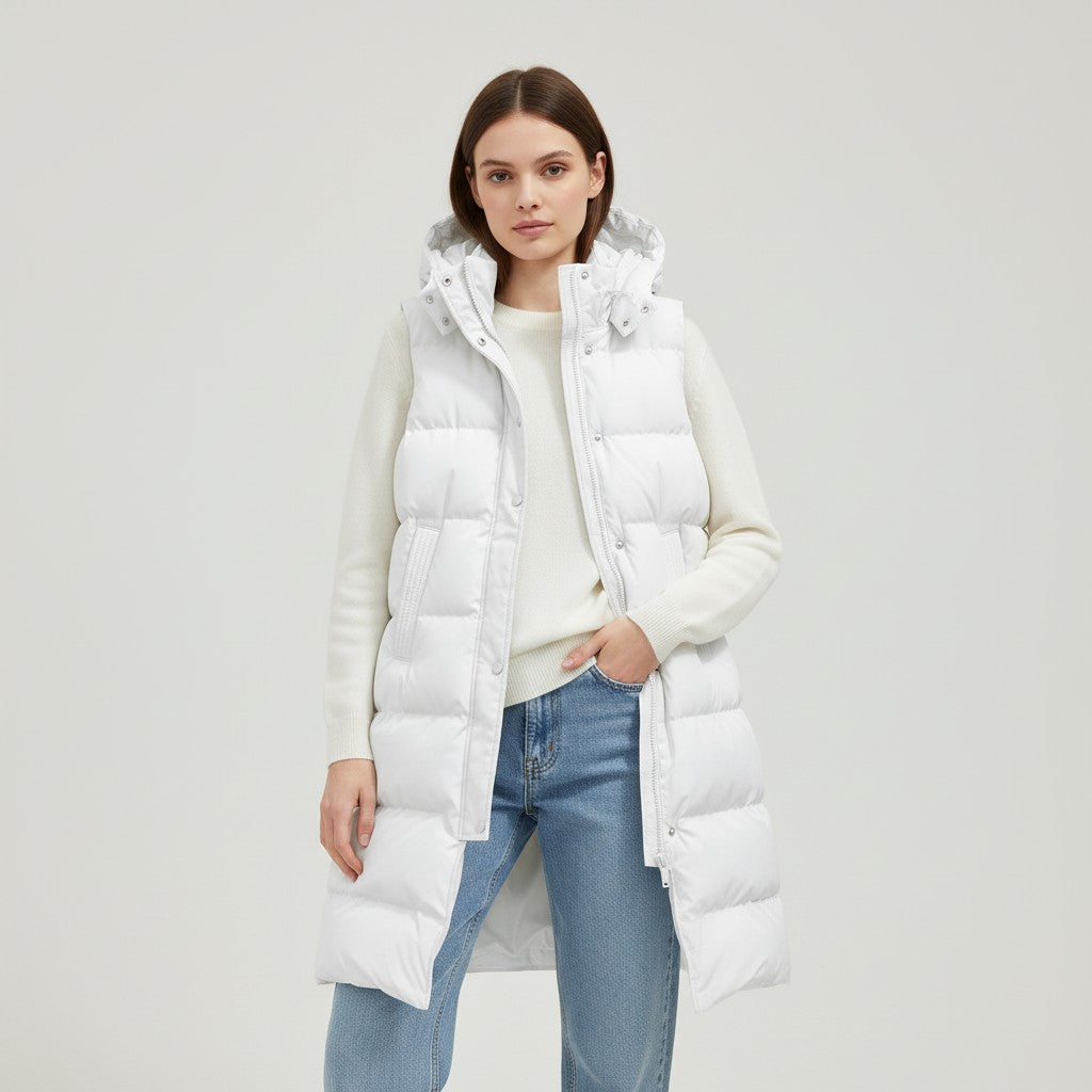 Lange mouwloze damesbodywarmer met gewatteerde capuchon en rits - gebroken wit