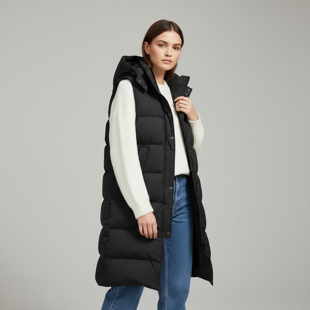 Lange mouwloze damesbodywarmer met gewatteerde capuchon en rits