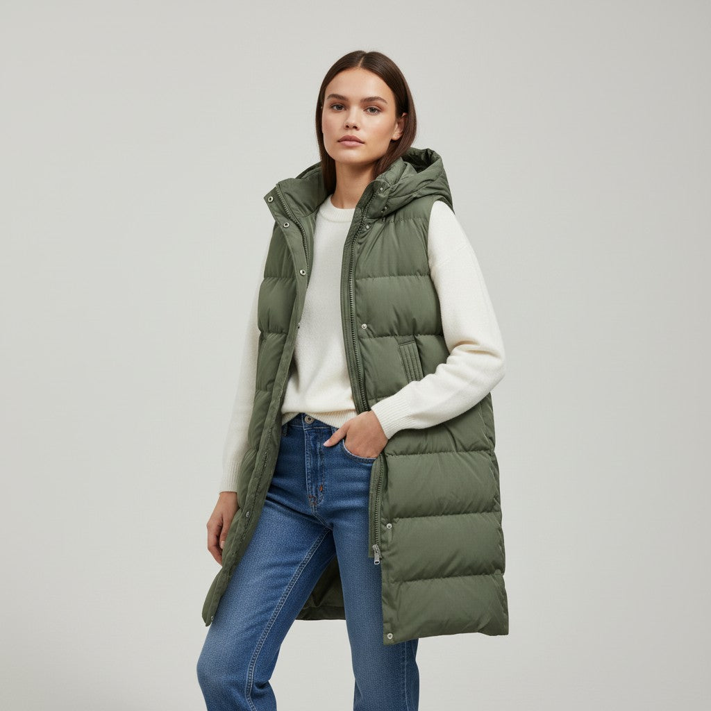 Lange mouwloze damesbodywarmer met gewatteerde capuchon en rits - legergroen