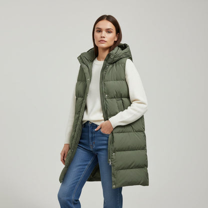 Lange mouwloze damesbodywarmer met gewatteerde capuchon en rits - legergroen