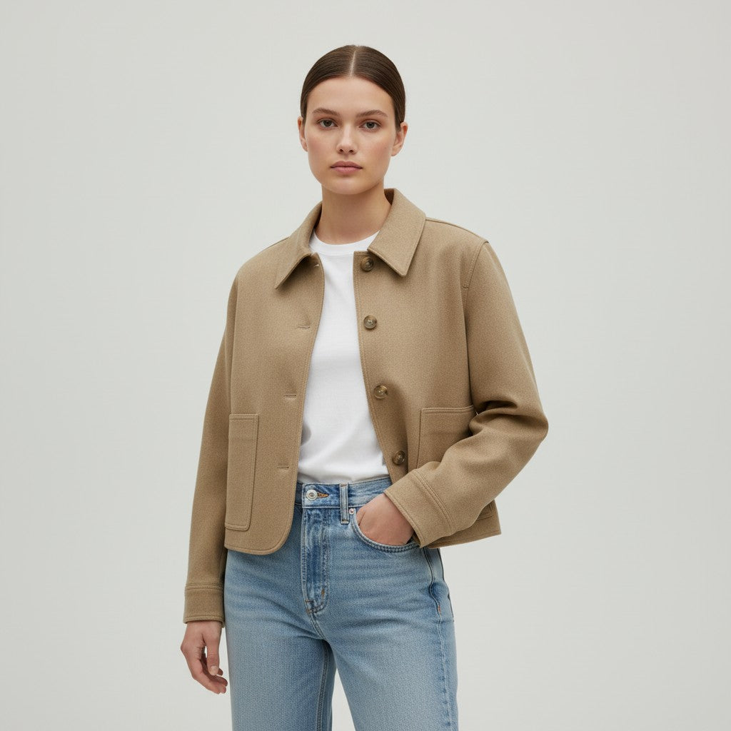 Korte camelkleurige damesjas in suède look met overhemdkraag - camel