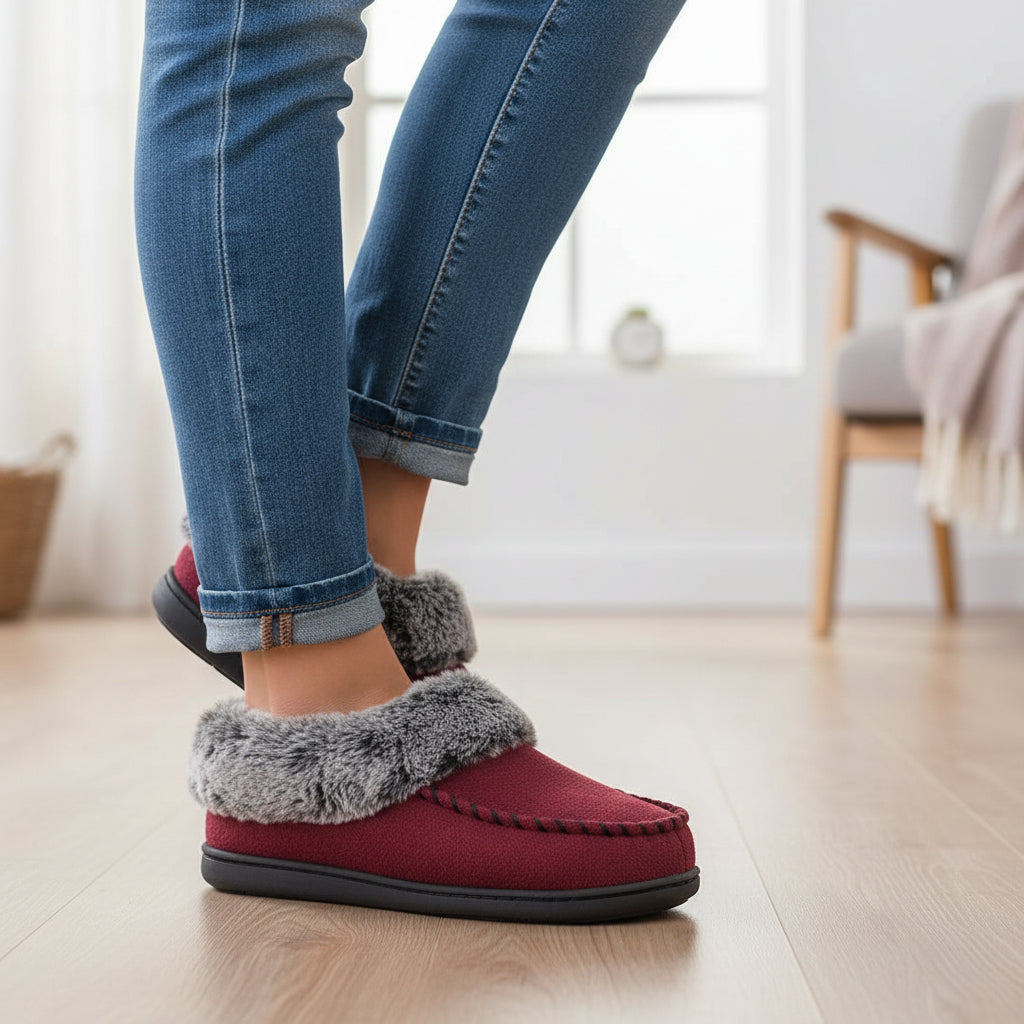 Pantoffels met imitatiebonten rand en rubberen antislipzool