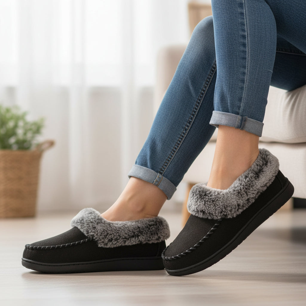 Pantoffels met imitatiebonten rand en rubberen antislipzool