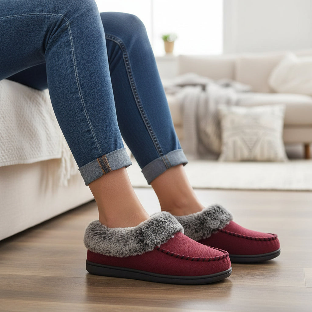 Pantoffels met imitatiebonten rand en rubberen antislipzool