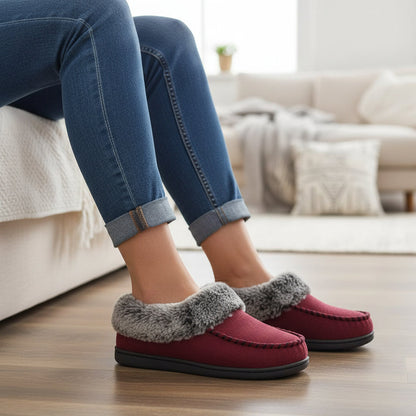 Pantoffels met imitatiebonten rand en rubberen antislipzool
