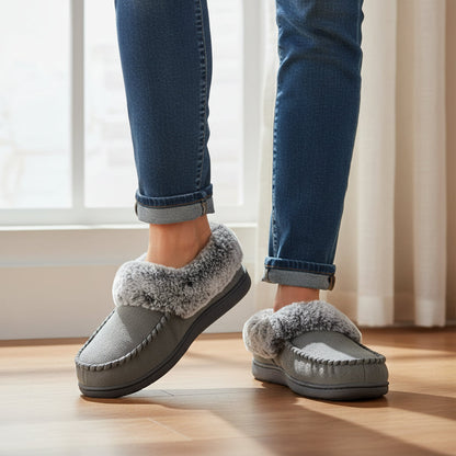 Pantoffels met imitatiebonten rand en rubberen antislipzool - donkergrijs