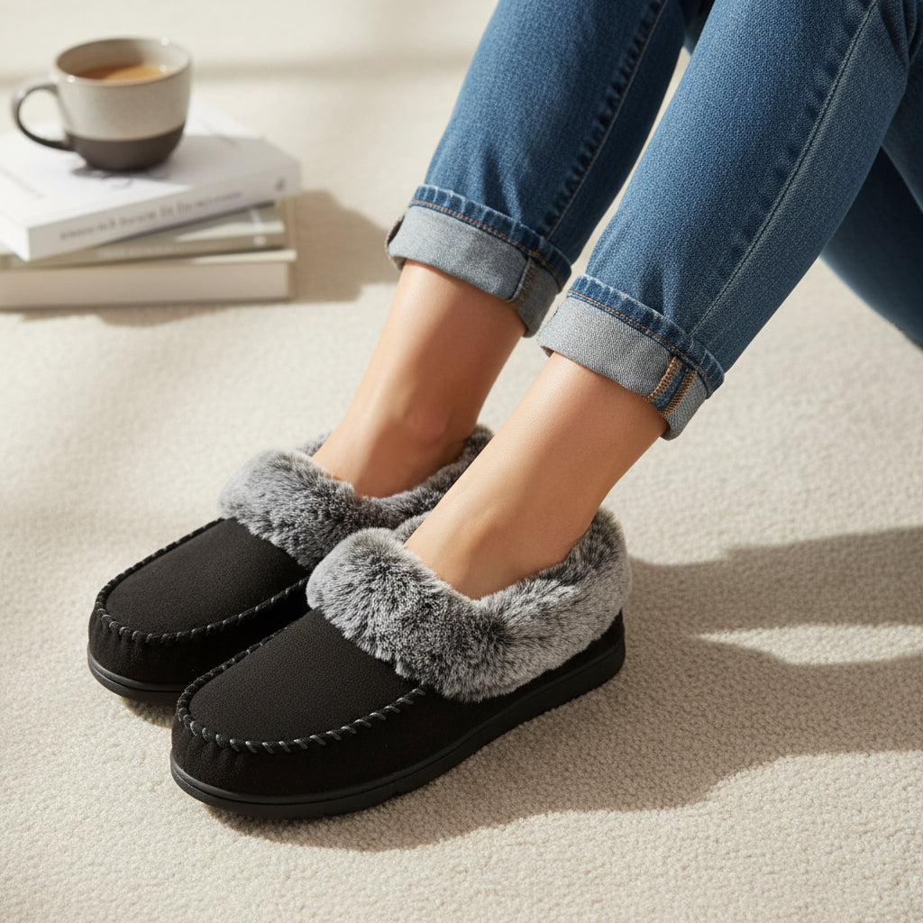 Pantoffels met imitatiebonten rand en rubberen antislipzool - zwart
