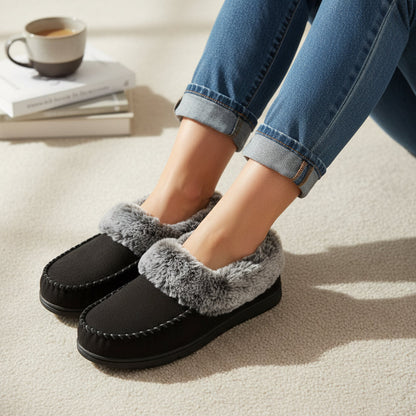 Pantoffels met imitatiebonten rand en rubberen antislipzool - zwart
