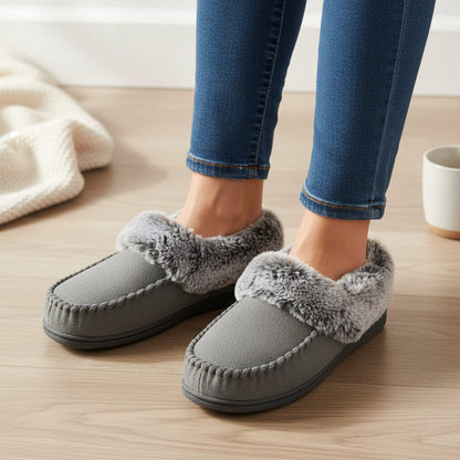 Pantoffels met imitatiebonten rand en rubberen antislipzool