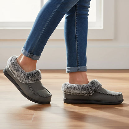 Pantoffels met imitatiebonten rand en rubberen antislipzool